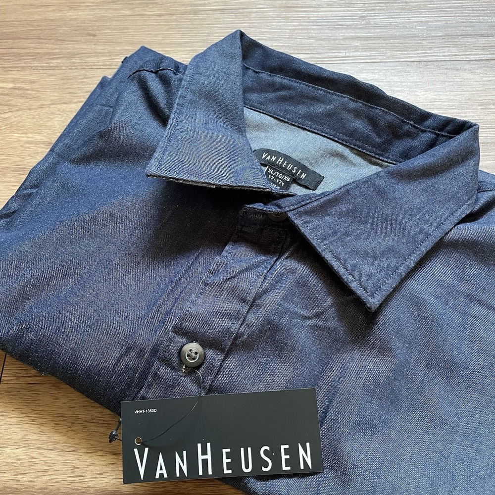 NEW XL VAN HEUSEN MENS SHIRT Navy Blue Button Front Short Sleeve X-Large Indigo